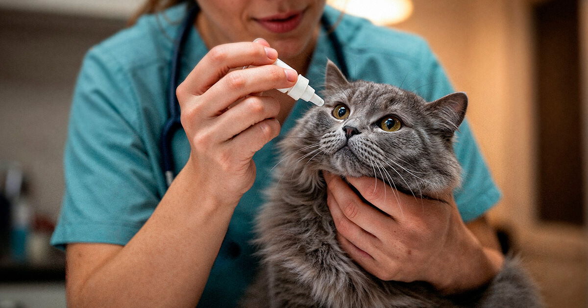 Veterinary professional examining a gray cat during a wellness visit